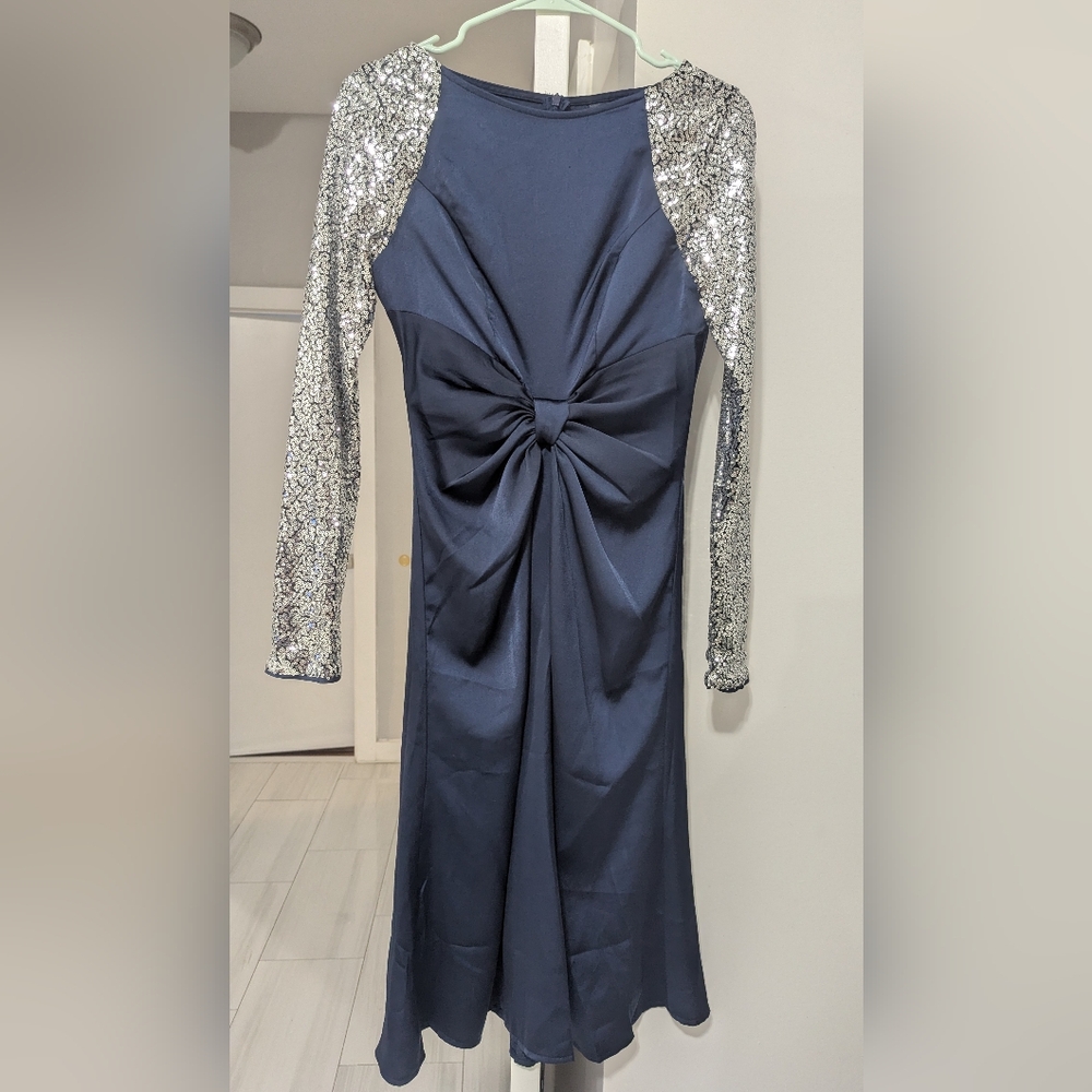 Elegant Navy and Silver Sequined Sleeve Dress